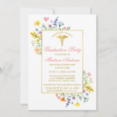 水彩ワイルドフラワーズ金ゴールドピンクナース卒業 招待状 (正面)