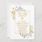 水彩ワイルドフラワーズ金ゴールド第一聖餐式 招待状 (正面)