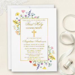 水彩ワイルドフラワーズ金ゴールド第一聖餐式 招待状