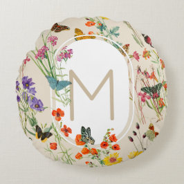 水彩ワイルドフラワーズ&蝶フローラガーデン ラウンドクッション