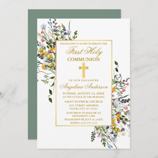 水彩ワイルドフラワーセージ緑の金ゴールド聖域 招待状 (正面/裏面)