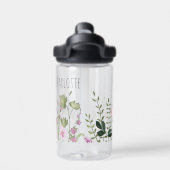 水彩ワイルドフラワーネームピンクグリーン植物学 ウォーターボトル (背面)