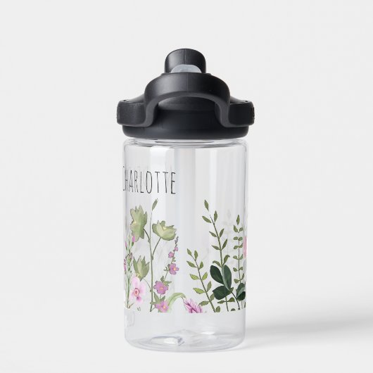 水彩ワイルドフラワーネームピンクグリーン植物学 ウォーターボトル (背面)