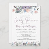 水彩ワイルドフラワーバイオレットベビーシャワー 招待状 (正面/裏面)