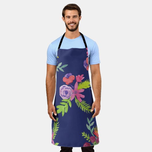 水彩ワイルドフラワーパターン エプロン (着用した状態)