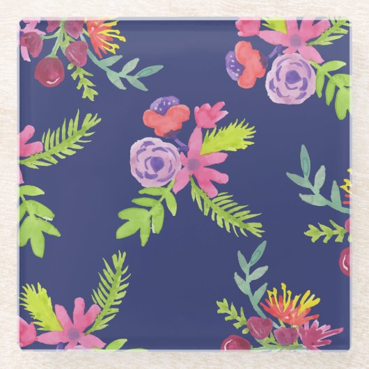 水彩ワイルドフラワーパターン ガラスコースター (正面)