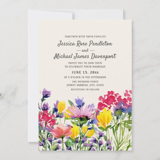 水彩ワイルドフラワーパープルイエローレッド結婚ズ 招待状 (正面)
