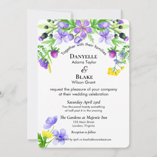 水彩ワイルドフラワーパープルブルー結婚ズ 招待状 (正面)