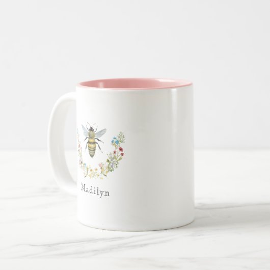 水彩ワイルドフラワービー追加パーソナライズされた名 ツートーンマグカップ (正面左)