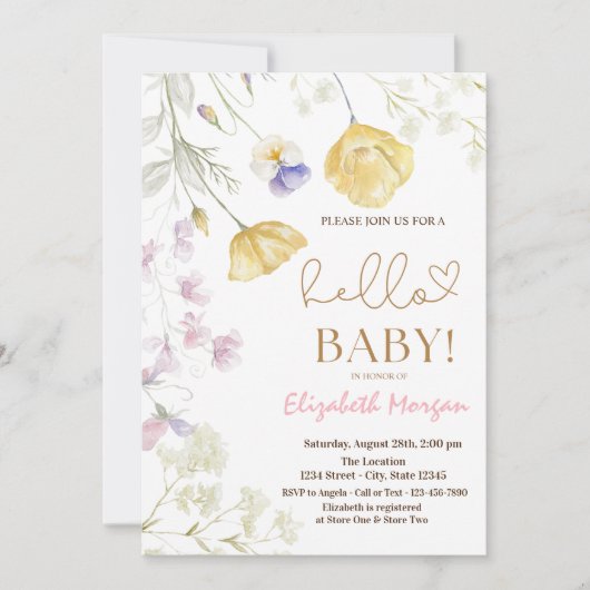 水彩ワイルドフラワーピンクのドット赤ちゃんシャワー 招待状 (正面)