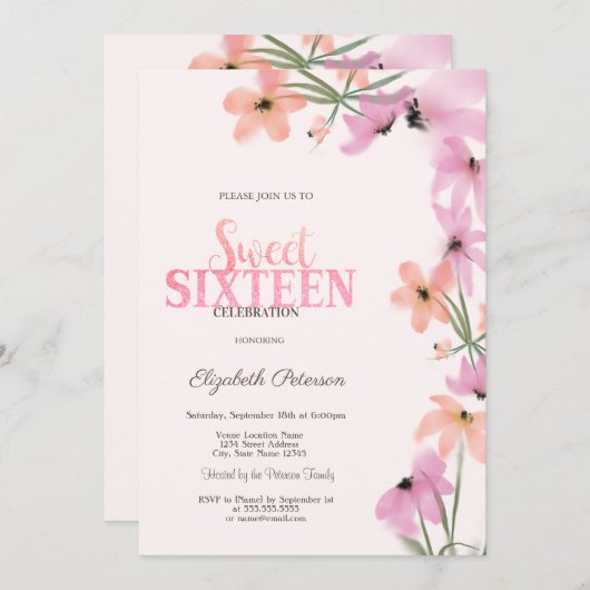 水彩ワイルドフラワーピンクぼほ花スウィート16 招待状 (正面/裏面)