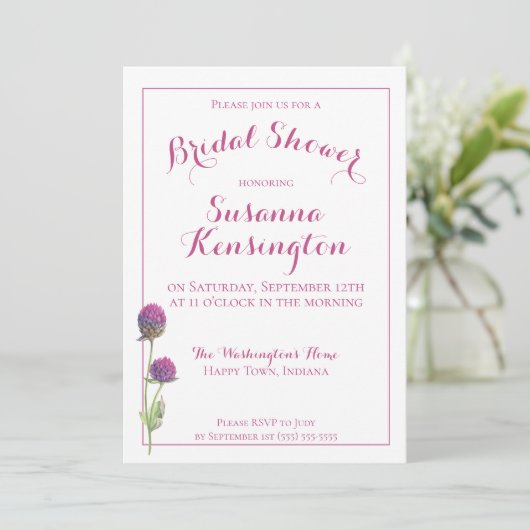 水彩ワイルドフラワーピンクフローラブライダルシャワー 招待状 (スタンド正面)