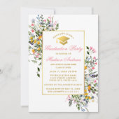 水彩ワイルドフラワーピンク赤面金ゴールド卒業 招待状 (正面)