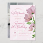 水彩ワイルドフラワーピンク1歳の誕生日 招待状 (正面/裏面)