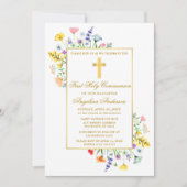 水彩ワイルドフラワーファースト聖体金ゴールド 招待状 (正面)