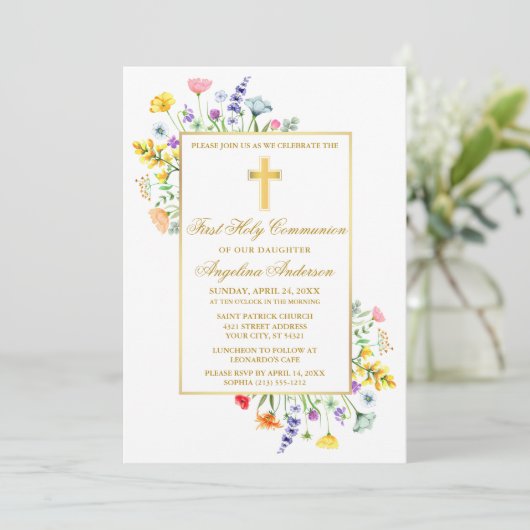 水彩ワイルドフラワーファースト聖体金ゴールド 招待状 (スタンド正面)