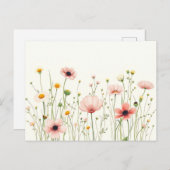水彩ワイルドフラワーフィールドオン淡い色のアイボリー ポストカード (正面/裏面)