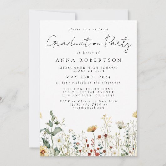 水彩ワイルドフラワーフィールド卒業パーティーの招待 招待状 (正面)