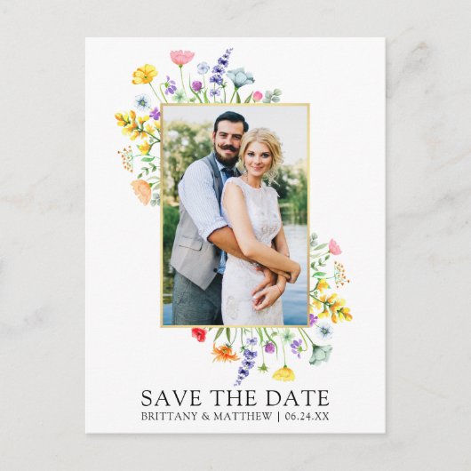 水彩ワイルドフラワーフォト日付を保存 ポストカード (正面)