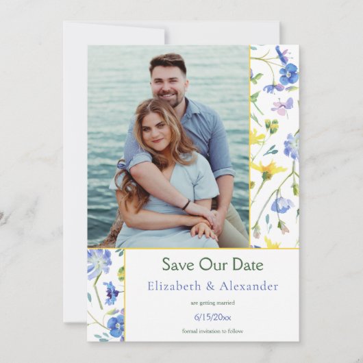 水彩ワイルドフラワーフォト日付を保存 案内状 (正面)