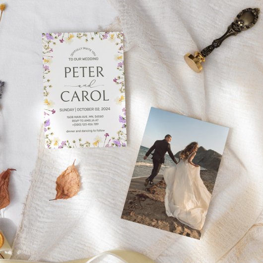 水彩ワイルドフラワーフォト結婚式招待状 招待状