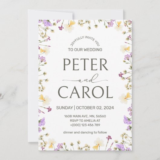 水彩ワイルドフラワーフォト結婚式招待状 招待状 (正面)