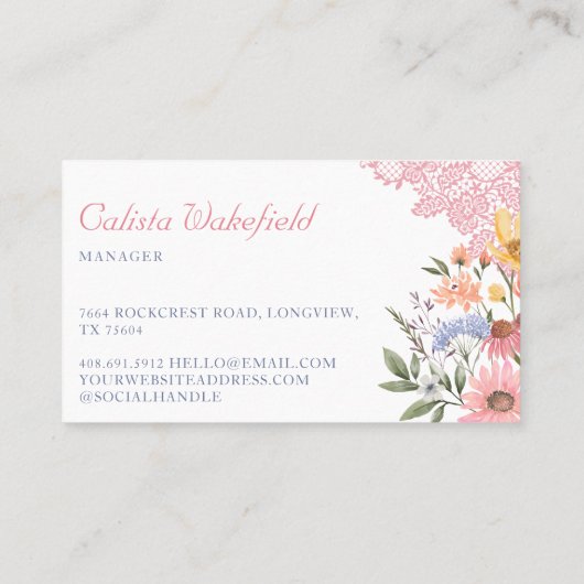 水彩ワイルドフラワーフラワーズ&ピンクレースブシン 名刺 (裏面)