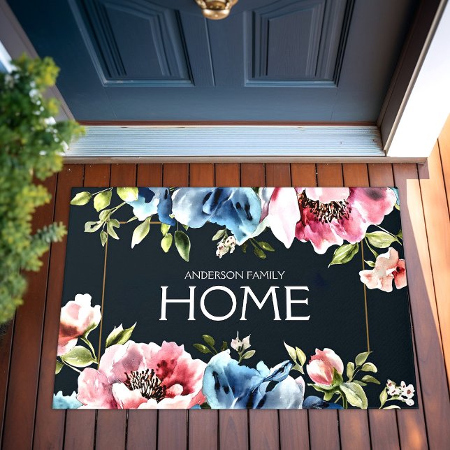 水彩ワイルドフラワーフローラモダンファミリー名 ドアマット (Watercolor Wildflowers Floral Modern Family Name Doormat)
