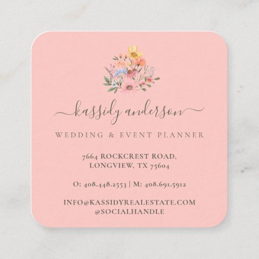 水彩ワイルドフラワーフローラリースピンク スクエア名刺 (裏面)