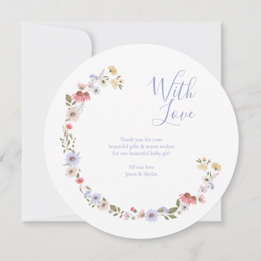 水彩ワイルドフラワーフローラリース写真ベビー 案内状 (裏面)