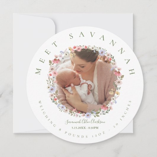 水彩ワイルドフラワーフローラリース写真ベビー 案内状 (正面)