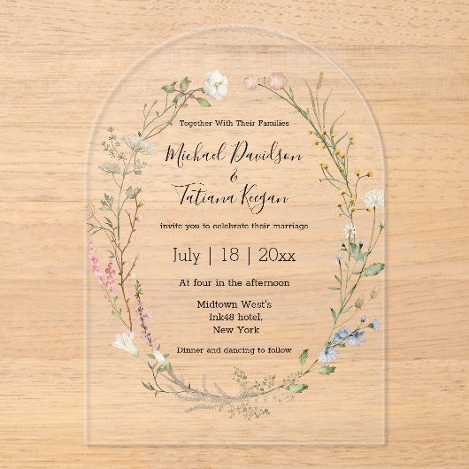 水彩ワイルドフラワーフローラリース結婚ズアーチ アクリル招待状 (正面)