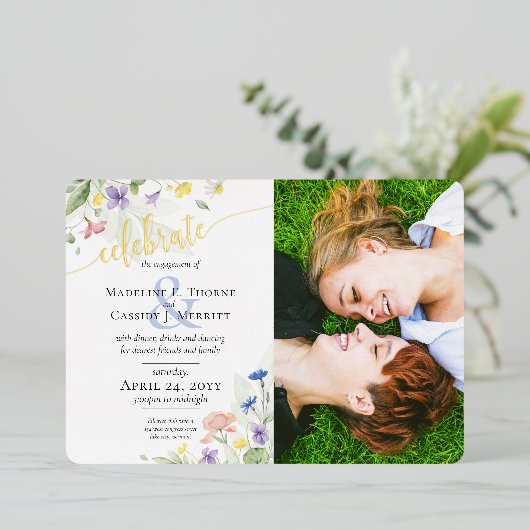 水彩ワイルドフラワーフローラ婚約パーティ 箔招待状 (立ち正面)