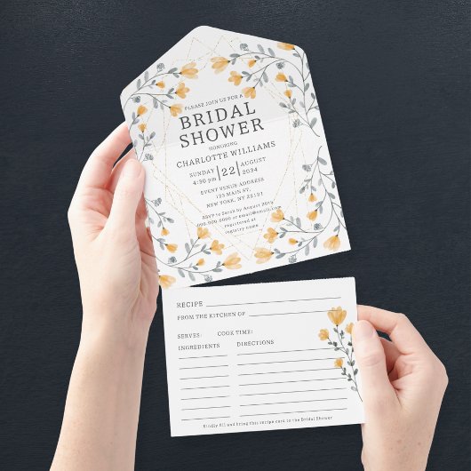 水彩ワイルドフラワーブライダルシャワー付きレシピ オールインワン招待状