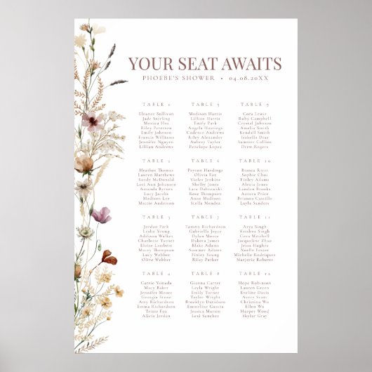 水彩ワイルドフラワーブライダルシャワー座席表 ポスター (正面)