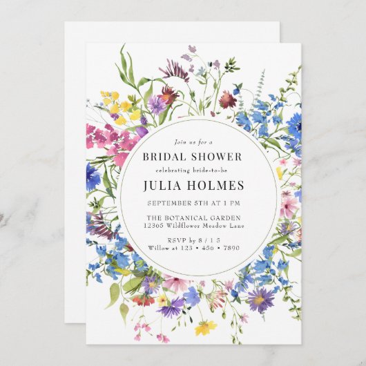 水彩ワイルドフラワーブライダルシャワー 招待状 (正面/裏面)