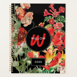 水彩ワイルドフラワーブラックレッドモノグラム プランナー手帳