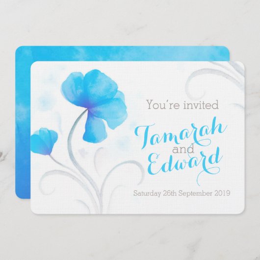 水彩ワイルドフラワーブルーのグレーの結婚式の招待 招待状 (正面/裏面)