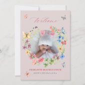 水彩ワイルドフラワーベビーガールフォト誕生 案内状 (正面)