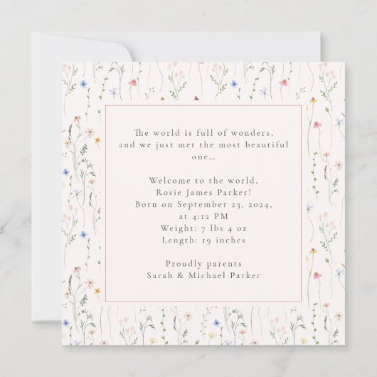 水彩ワイルドフラワーベビー誕生 案内状 (裏面)