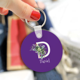 水彩ワイルドフラワーホワイトモノグラムパープル キーホルダー