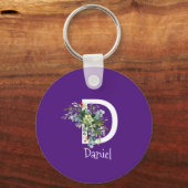 水彩ワイルドフラワーホワイトモノグラムパープル キーホルダー (正面)