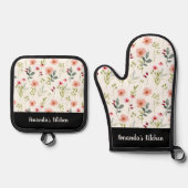 水彩ワイルドフラワーボースタイリッシュホパーソナライズされた 鍋つかみ&鍋敷きセット (正面)