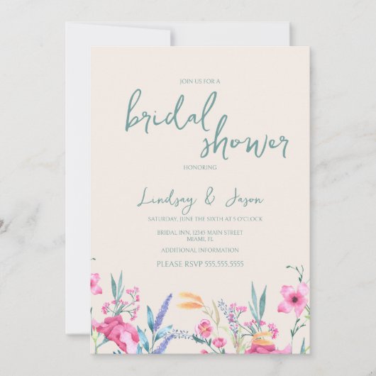 水彩ワイルドフラワーミックススクリプトブライダルシャワー 招待状 (正面)