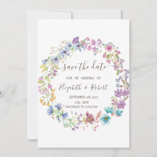 水彩ワイルドフラワーメドウリース日付を保存 セーブザデート (正面)