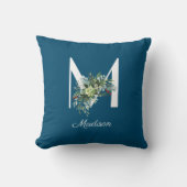 水彩ワイルドフラワーモノグラムブルー クッション (正面)