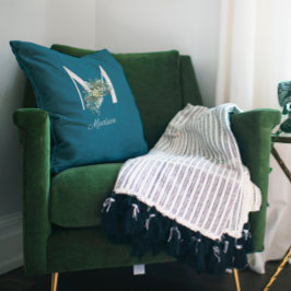 水彩ワイルドフラワーモノグラムブルー クッション