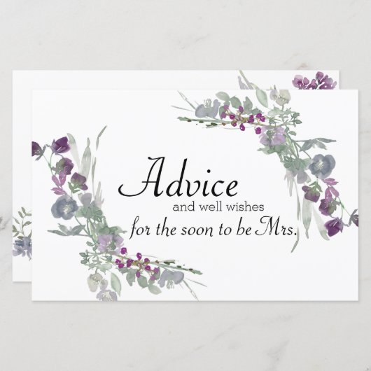 水彩ワイルドフラワーラベンダーブライダルアドバイスカード (正面/裏面)