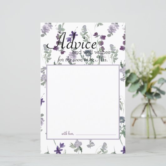 水彩ワイルドフラワーラベンダーブライドアドバイスカード (スタンド正面)