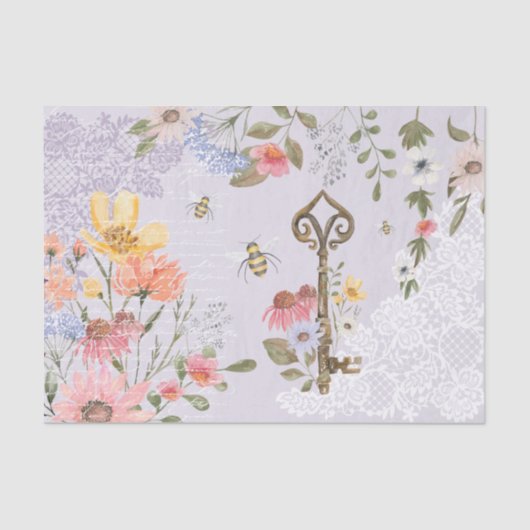 水彩ワイルドフラワーレースヴィンテージ鍵デコページ 薄葉紙 (正面)